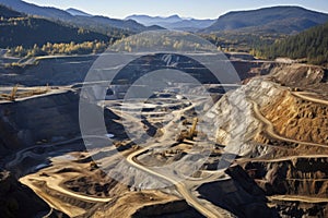 Sprawling Quarry Site with Excavators and Haul Trucks in Mountainous Region