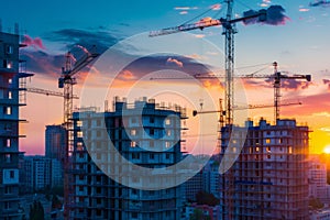 Sprawling urban construction site with cranes during sunset. The scene shows ongoing development in a city setting photo