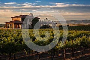 Sprawling vineyard estate with rolling hills covered in meticulously grapevines and winery building. Generative AI