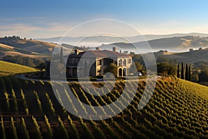 Sprawling vineyard estate with rolling hills covered in meticulously grapevines and winery building. Generative AI