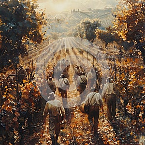 Sprawling Vineyard at Harvest Time with Workers in the Fields