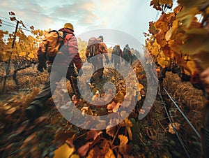 Sprawling Vineyard at Harvest Time with Workers in the Fields