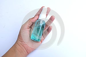 Spray alcohol female hands hand sanitizer gel to patient eliminate germs covid 19 prevention concept