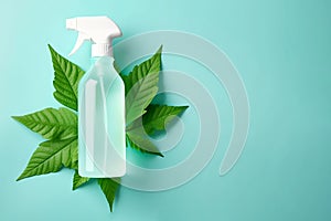 Spray bottle with cleaning product and green leaves around. Eco cleaning concept. Environmentally friendly bio natural cleaning