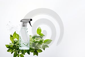 Spray bottle with cleaning product and green leaves around. Eco cleaning concept. Environmentally friendly bio natural cleaning