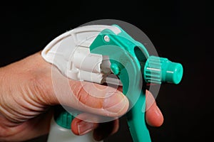 Spray bottle with cleaning product for housework in the household. Sterile clean unhygienic surfaces. Hygienic product.
