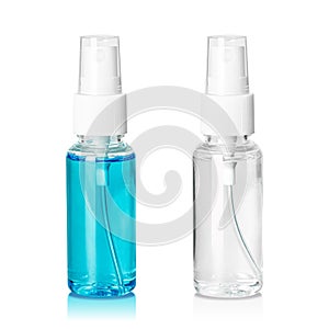 Spray bottle containing liquid inside isolated on white background. Plastic package with cosmetic cleaning product.  Clipping