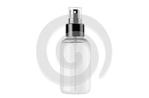 Spray bottle for cosmetics product with transparent liquid isolated on white background, mock up for branding, advertising.