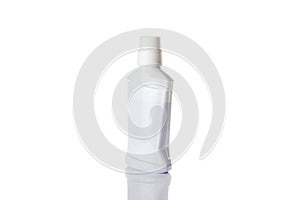 Spray bottle, empty pump clear plastic container cosmetic soap and mineral shampoo. Antiseptic gel isolated in water blank cap on