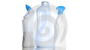 Spray bottle, empty pump clear plastic container cosmetic soap set and mineral shampoo. Antiseptic gel isolated in water blank cap