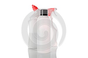 Spray bottle, empty pump clear plastic container cosmetic soap set and mineral shampoo. Antiseptic gel isolated in water blank cap