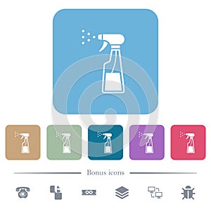 Spray bottle flat icons on color rounded square backgrounds