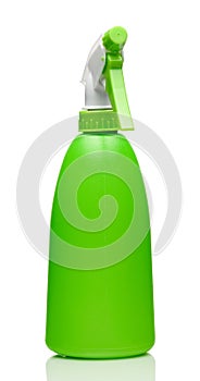 Spray bottle in green color, moisture sprayer, closeup photo of one object, isolated on white background