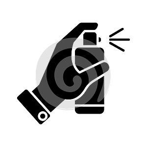 Spray bottle in hand icon, vector illustration, black sign on isolated background