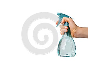 Spray Bottle in Hand Isolated, Blue Sprayer with Water, Mini Flower Spray Gun, Plastic Pulverizer on White