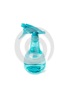 Spray Bottle Isolated, Blue Sprayer with Water, Mini Flower Spray Gun, Plastic Pulverizer on White Background