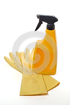 Spray bottle and protective gloves