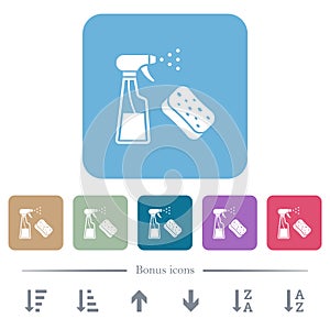 Spray bottle and sponge flat icons on color rounded square backgrounds