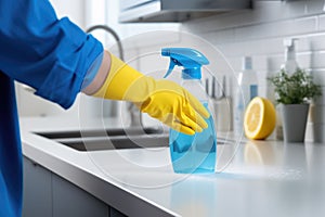 spray bottle spraying blue cleaning solution