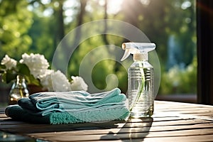 Spray bottle and towel on wooden table in garden, closeup