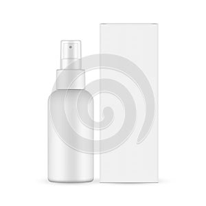 Spray bottle with transparent cap, cardboard box mockup isolated on white background, front view