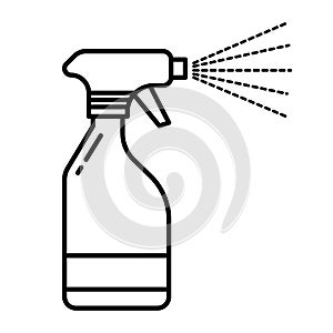 Spray bottle with water mist spraying from nozzle linear icon