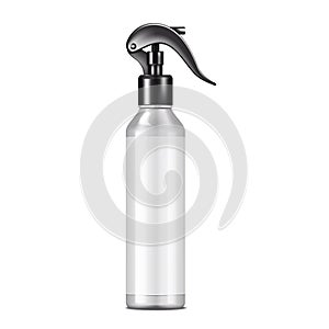 Spray bottle with white blank label. Cosmetic product white spraying container mockup. Trigger pump sprayer with black cap