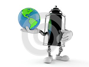 Spray can character holding world globe