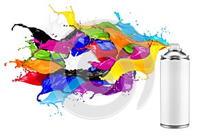 spray can spraying colorful rainbow paint liquid color splash explosion isolated white background. Industry diy paintjob graff