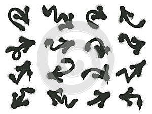 Spray graffiti arrows. Grunge texture ink pointing arrows, dirty paint pointer vector illustration set. Graffiti sprayed