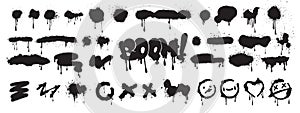 Spray graffiti element set, vector can splatter brush drip freehand kit, urban street black grunge.