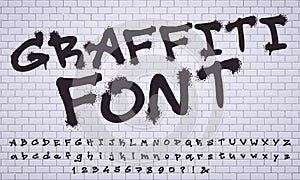 Spray graffiti font. City street art wall tagging lettering, dirty graffitis numbers and letters vector set