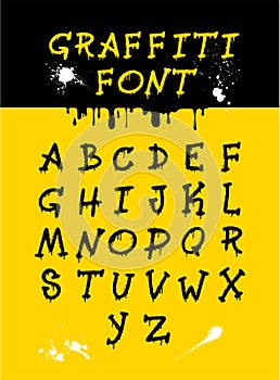 Spray graffiti font. Street art wall tagging lettering, dirty graffitis letters. Vector grunge black alphabet, city street art