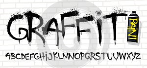 Spray graffiti font. Urban wall tagging lettering, street art text with sprayed paint texture effect and grunge capital