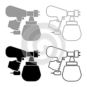 Spray gun holding in hand Sprayer using Arm use tool atomizer pulverizer set icon grey black color vector illustration flat style