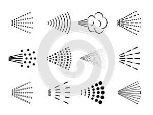 Spray icon. Bottle air sprayer, bathroom nozzle aerosol sprinkle, scattered black deodorant, clean water drops. Vector