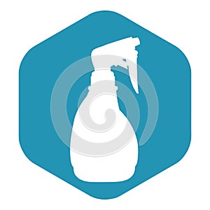 Spray icon. White silhouette of a spray gun on a blue hexagon. device for spraying liquids. Vector illustration isolated on a