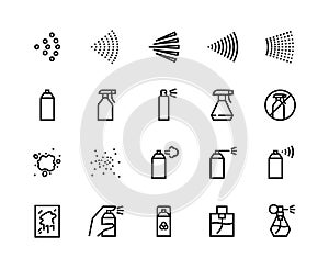 Spray line icons. Can with cleaning aerosol, outline hand with sprayer, disinfectant deodorant and perfumes. Vector