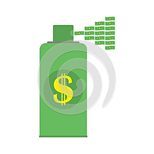 Spray of money and dollars from a dispenser. A lot of money is sprayed from the dispenser nozzle into the air. Vector icon.