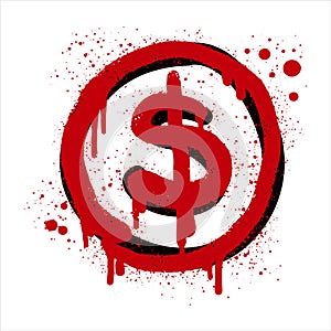 Spray painted graffiti currency in Red black over white. Drops of sprayed dollar icon. isolated on white background