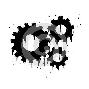 Spray painted graffiti of moving gears wheels in black over white. gear icon drip symbol. isolated on white background