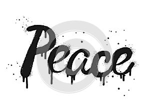 Spray painted graffiti Peace word in black over white. Drops of sprayed Peace words