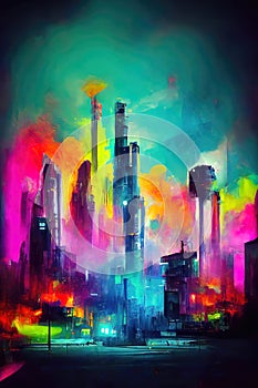 Spray Painting City, colorful. Skyscraper reaching into the clouds.