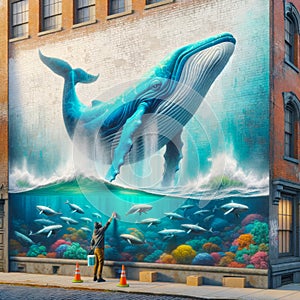 Spray Painting Graffiti Artist Underwater Ocean Scene Blue Whale Brick Wall Vintage Building City Mural AI Generated