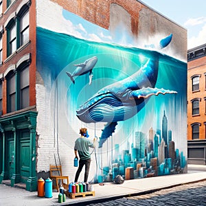 Spray Painting Graffiti Artist Underwater Ocean Scene Blue Whale Brick Wall Vintage Building City Mural AI Generated
