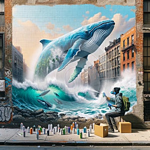Spray Painting Graffiti Artist Underwater Ocean Scene Blue Whale Brick Wall Vintage Building City Mural AI Generated