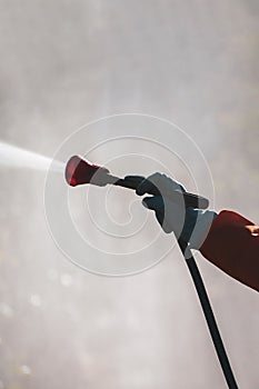 Spray pesticides, pesticide on fruit lemon in growing agricultural plantation, spain. Man spraying or fumigating pesti