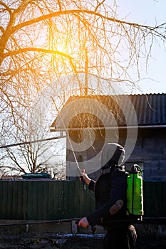 Spray pesticides, pesticide on tree. Defocus farmer man spraying tree with manual pesticide sprayer against insects in spring