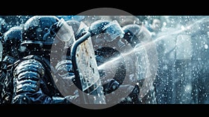 The spray from a water cannon hits a shield of riot gear with a forceful impact pushing back a group of advancing photo