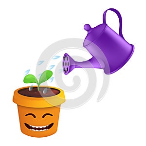 A spray of water drops from a metal watering can irrigate a green sprout in a flower pot. Vector illustration of plant care in a